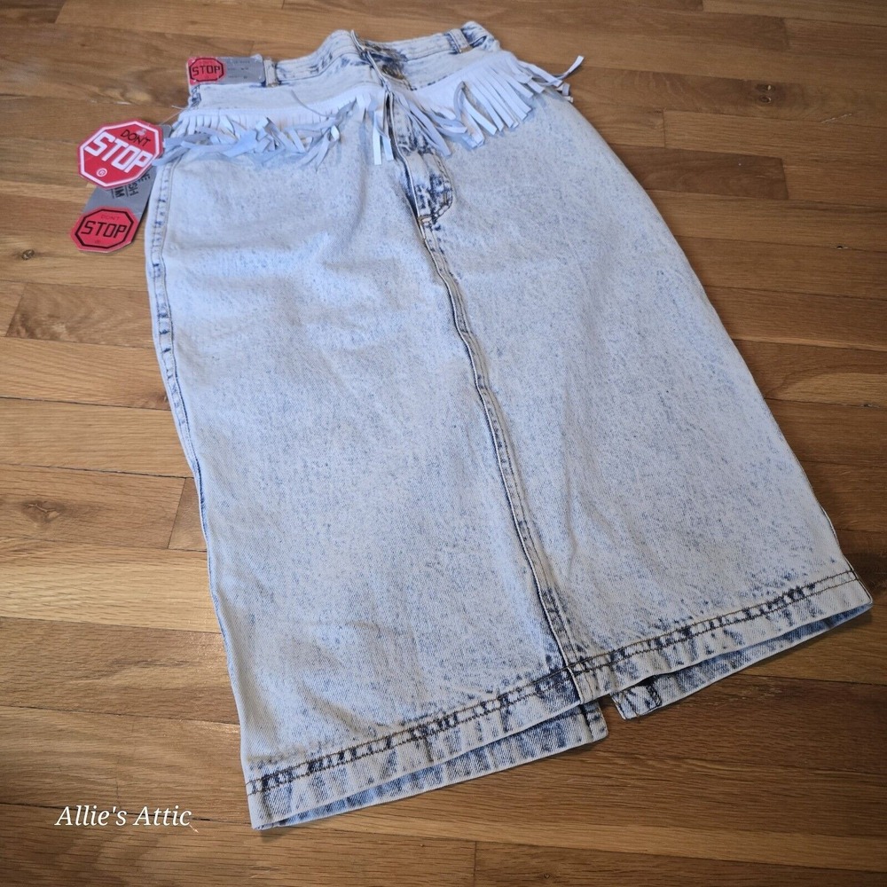 80s 90s Denim Jean Skirt Blue Acid Wash Mom High Waist Fringe Western 9/10 NOS - Picture 14 of 16